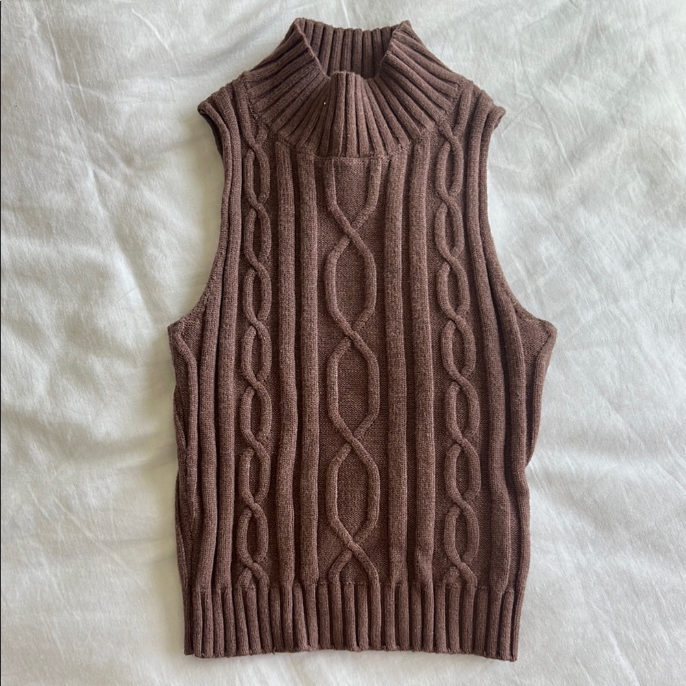 Brown Cable Knit High Neck Sweater